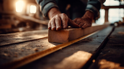 A close-up of a man's hands measuring a wooden plank in a workshop. The scene is illuminated by warm sunlight, highlighting the craftsmanship involved in woodworking.