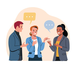 Young business man and women talking, telling news. Flat style cartoon vector illustration.