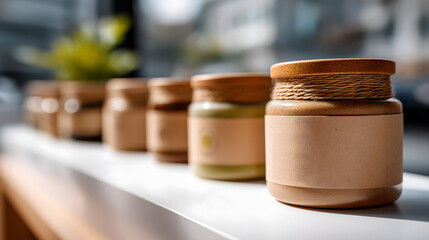 A row of glass jars with wooden lids on a white shelf. The jars are filled with various colored contents. A small green plant is visible in the background.