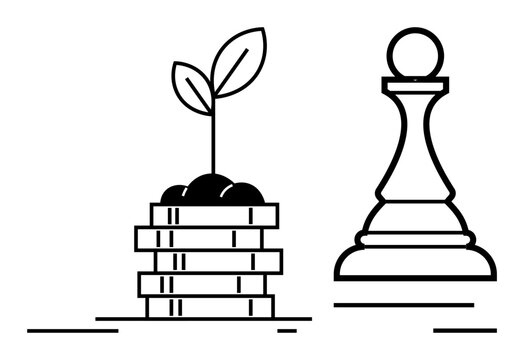 Plant sprouting from coin stacks beside chess piece, symbolizing financial growth, strategy, success, decision-making, leadership, investment, and planning. Ideal for simple flat metaphor