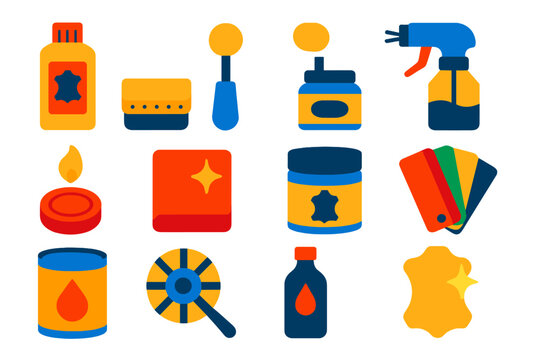 Leather Craft Tools. Flat vector icons of leather dyeing and finishing: dye bottle, sponge applicator, wool dauber, spray gun,