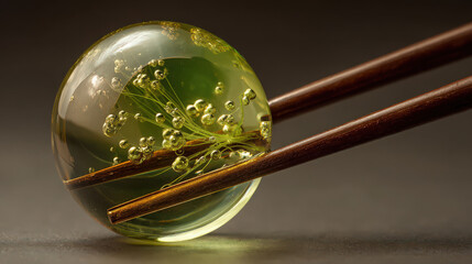 translucent juice sphere with chopsticks in molecular gastronomy