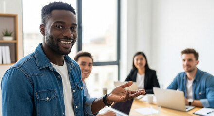 Diverse team discussing app idea with smiling man presenting, collaboration and innovation in modern coworking space