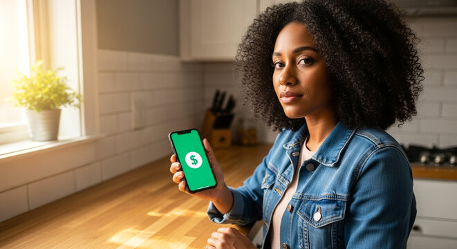 Woman checking account balance phone, online banking and personal finance management at home