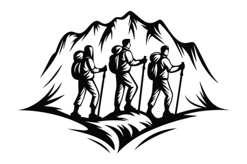 Three hikers with backpacks and trekking poles scale a mountain in silhouette style