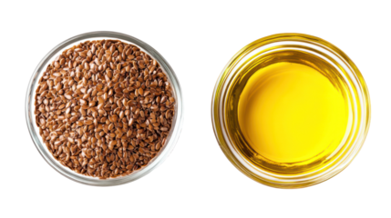 Flax seeds and flaxseed oil in glass bowls isolated on transparent background