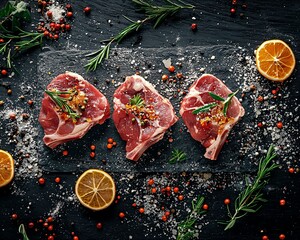Fresh Lamb Chops with Herbs and Spices on Slate Board
