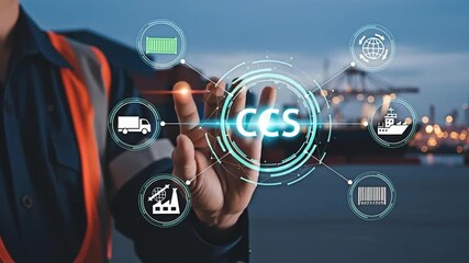 Logistics and Supply Chain Management Concept: A worker interacting with a digital interface for shipping solutions. - Powered by Adobe