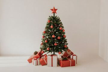 Beautiful Christmas Tree with Red Ornaments and Gift Boxes