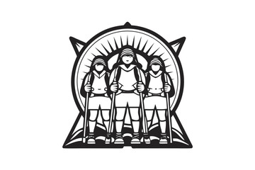 Three monochromatic hikers are ready with their trekking poles and compass background for adventure