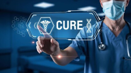 A healthcare professional interacts with digital cure concept, promoting hope.