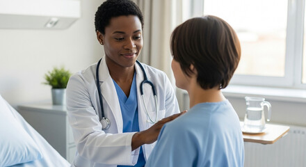 Cardiologist placing hand on chest showing empathy to patient in hospital, compassionate healthcare and patient care