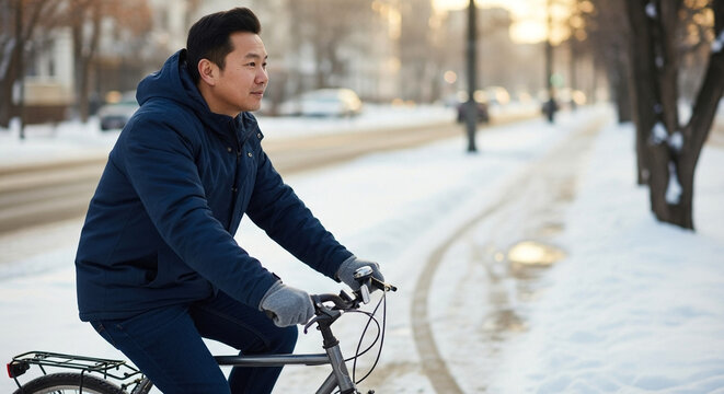 Man riding bicycle in winter jacket, Asian cyclist commuting on snowy street, urban transportation and eco-friendly travel