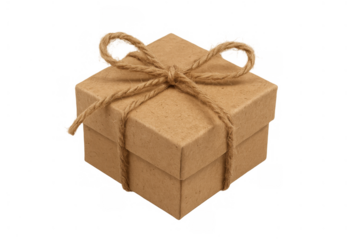 Brown cardboard gift box tied with rustic twine bow presenting eco-friendly packaging and surprise on transparent background