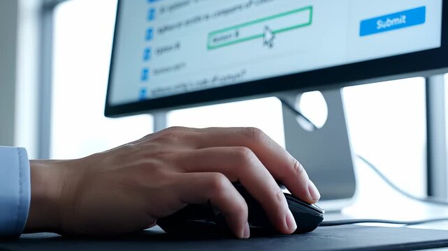 Person Submitting Online Form Using Computer Mouse in Office Setting