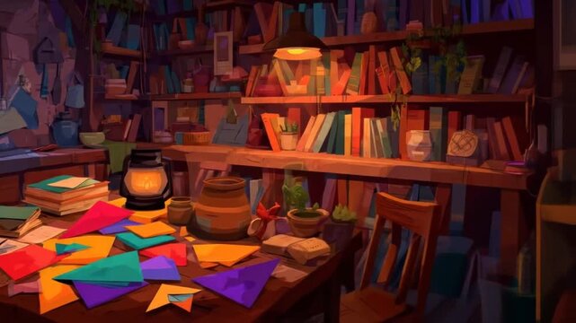A cozy illustration of a cluttered workshop with books, paper crafts, and warm lighting