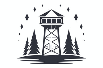 Tower stands amidst pine trees under a diamond studded sky, all in dark gray