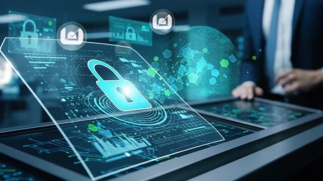 Digital security concept with a glowing padlock on a futuristic interface and a hand interacting with data - Powered by Adobe