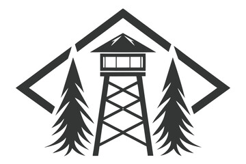 Tower watching over the wilderness, pine trees, and mountain range create scenic view