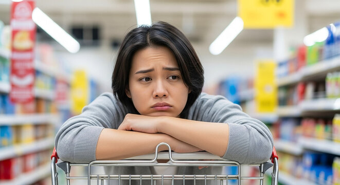 Person leaning on empty shopping cart tiredly in supermarket aisle, consumer fatigue and retail stress awareness