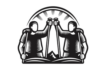 Two hikers triumphantly hold hiking poles above a mountain peak under a radiant arch