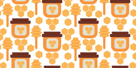 Seamless pattern featuring a honey jar, honeycomb, and dipper. Perfect for harvest, organic food, packaging, fabric, and wrapping designs.