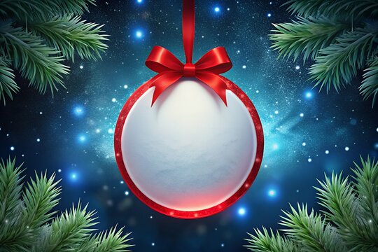 Oval christmas ornament with red ribbon surrounded by pine branches and lights