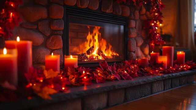 A crackling fire and glowing candles create the ultimate cozy autumn background