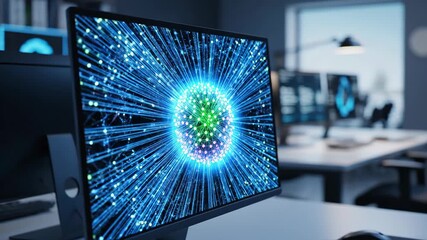 Futuristic digital network and data analysis visualization on a computer monitor in a modern office - Powered by Adobe
