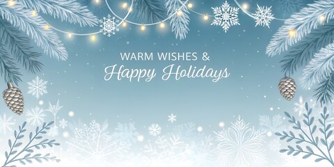 Icy Blue Winter Holiday Banner with Frosted Pine and Lights