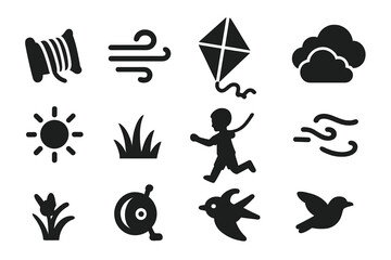 Kite Flying Icons. Solid style icons of Kite Flying: String, Wind, Diamond Kite, Sky, Tail, Clouds, Sun, Grass, Child, Reel, Bird,