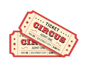 Two circus tickets on white background. Vector illustration
