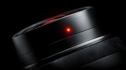 Captivating Lens Detail: A close-up view of a sleek, black camera lens, its intricate design highlighted by a vibrant red indicator light, symbolizing readiness and precision.