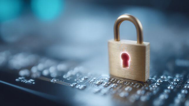 A close-up image of a golden padlock resting on a digital circuit board, symbolizing security and data protection in technology. - Powered by Adobe