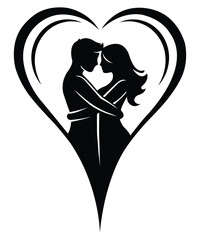 Valentine Day Romantic Couple Silhouette in Elegant Heart Shape.
