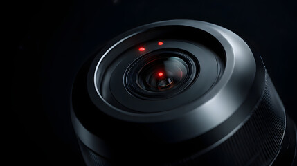 Precision Optics: Close-up of a high-tech lens, with precision engineering and striking aesthetic. Red dots hint at advanced functionality.