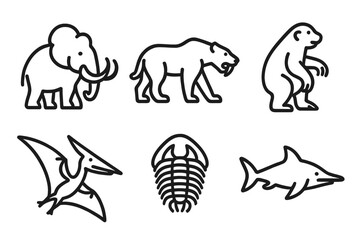 Obraz premium Prehistoric Animal Icons. Line style icons of prehistoric animals: mammoth, saber-tooth cat, giant sloth, pterosaur, trilobite,