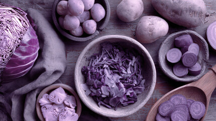Fototapeta premium monochrome purple meal with cabbage potatoes and beets