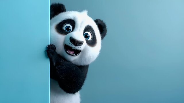A closeup of a panda bear peeking out from behind a blue wall. The pandas face is detailed with black and white fur, and its eyes are a striking shade of blue.
