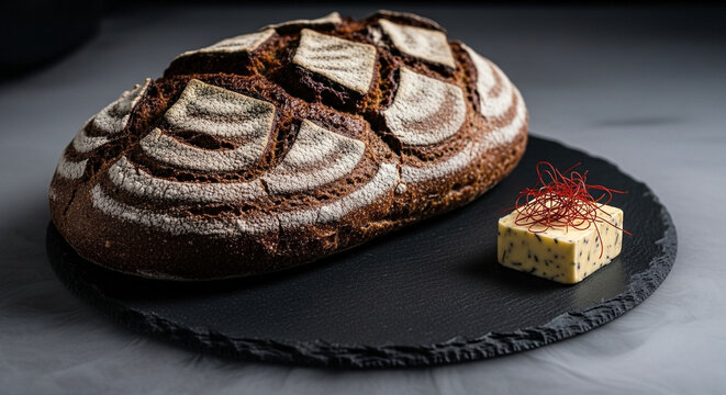 Bauernbrot on slate plate with charcoal butter and chili threads, elegant Halloween food concept with dry ice fog