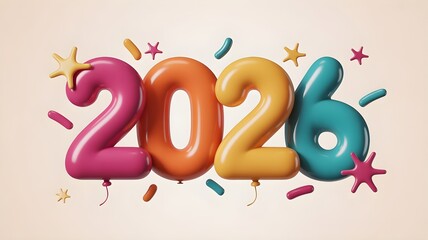 Colorful balloons forming the year 2026 with confetti and stars celebrating new year