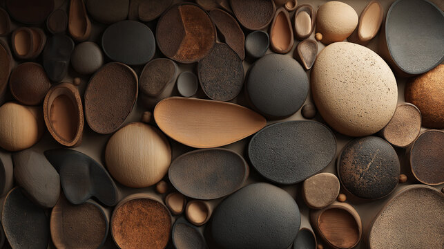 An array of smooth, rounded stones of various sizes and colors arranged together to create a decorative texture