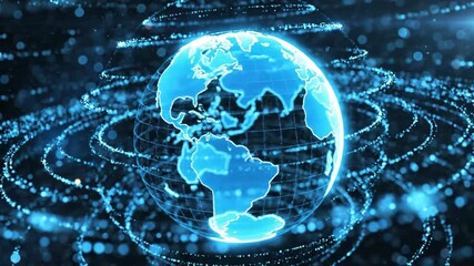 Digital Earth with glowing blue data streams and particles creating a global network of information and connections, representing technology and connectivity - Powered by Adobe