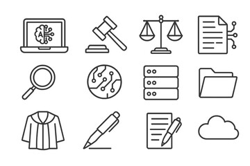 AI and Law Icons. Line style icons of AI in Law: Laptop, Gavel, Scale, Document; Magnifying Glass, Circuit, Server, Folder;