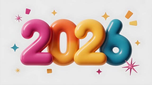 Colorful 3d inflatable numbers 2026 floating with sparkles and stars for celebrations