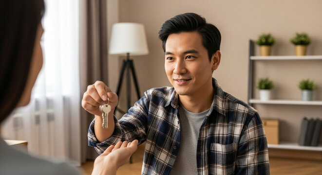 Man handing house keys to woman, happy homeowner in modern living room, real estate transaction and moving day excitement