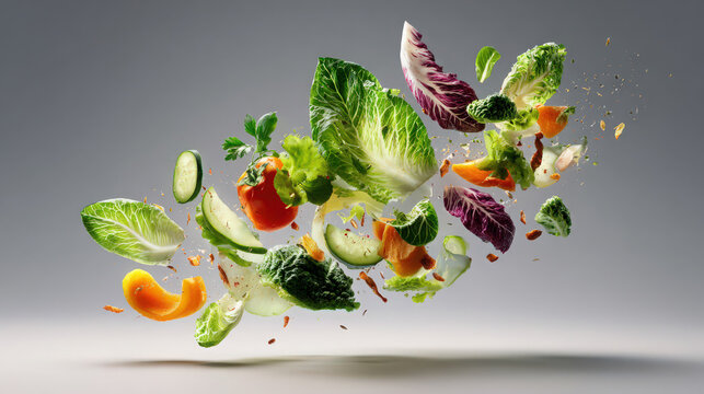 deconstructed salad floating in the air with fresh vegetables and greens