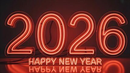Bright red neon numbers 2026 illuminate a dark background with a reflection and the words happy new year