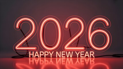 Bright red neon sign displaying the year 2026 and happy new year message