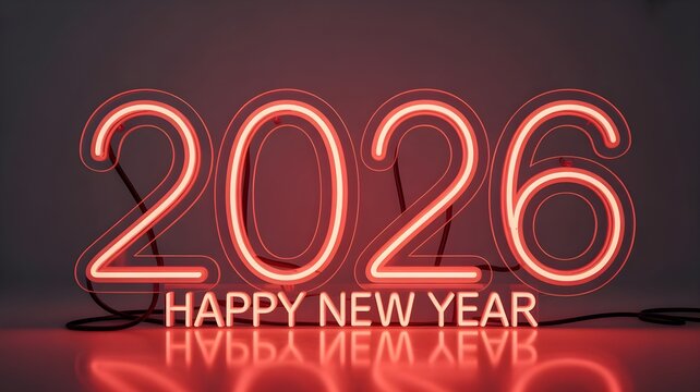 Bright red neon sign displaying the year 2026 and happy new year message